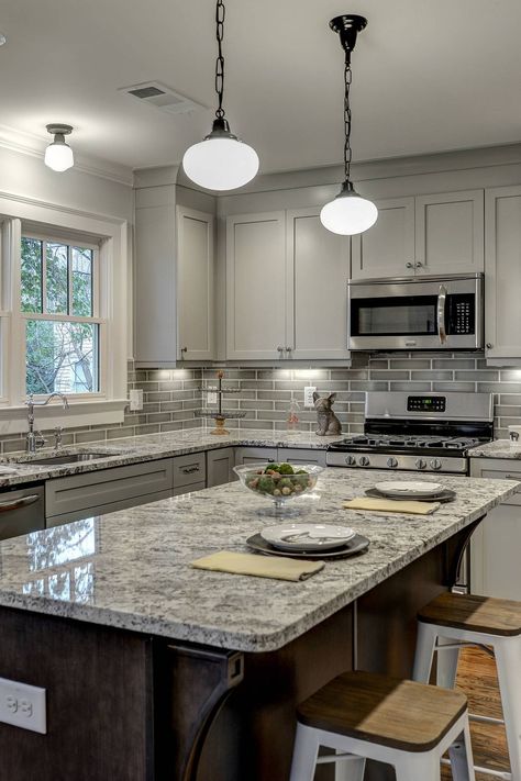 Quartz And Butcher Block Countertops, Gray Kitchen Backsplash, Dark Grey Kitchen Cabinets, Light Grey Kitchen Cabinets, Modern Grey Kitchen, Gray Kitchen Cabinets, Light Grey Kitchens, Light Gray Cabinets, Dark Grey Kitchen