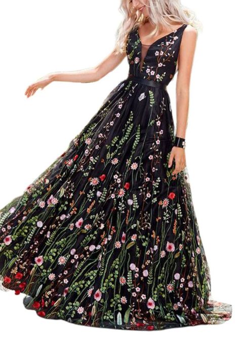 Floral Embroidered Backless Sleeveless Evening Dress Casual Gowns, Popular Prom Dresses, Cheap Summer Dresses, Black Ball Gown, Floral Prom Dresses, Backless Evening Dress, Maxi Dress Prom, فستان سهرة, Maxi Robes