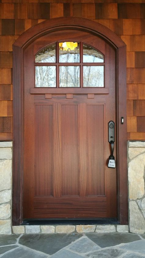 Custom Wood Door, Mahogany, Flemish Glass, Textured Glass, Craftsman Style, Segment Top, Stained Double Craftsman Front Door, Craftsman Hardware, Craftsman Style Front Door, Craftsman Style Front Doors, Unique Front Door, Craftsman Front Door, Craftsman Entry, Front Door Designs, Wood Front Entry Doors