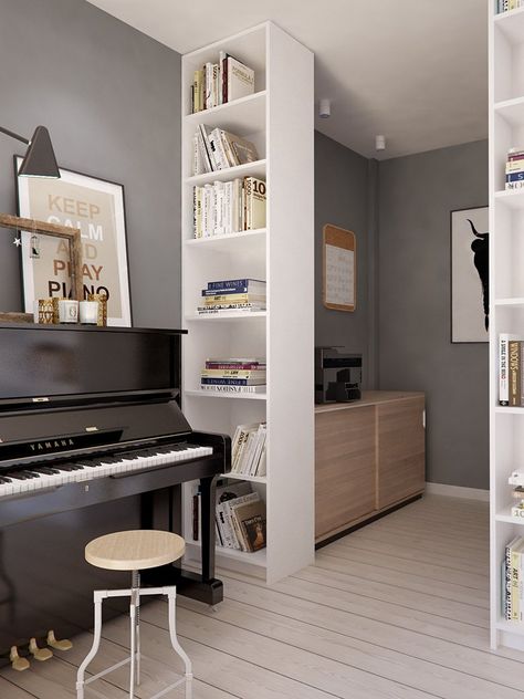 Eclectic Apartment Design Proposes A Fresh New Style Piano Room Design, Piano Room Decor, Music Room Office, Piano Living Rooms, Music Room Design, Home Music Rooms, Piano Decor, Piano Room, 아파트 인테리어