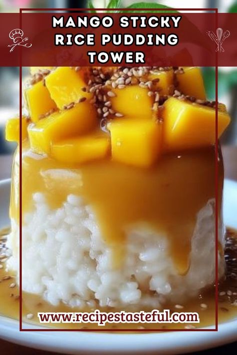 Indulge in this tropical delight featuring layers of glutinous rice, fresh mangoes, and a creamy coconut sauce. Perfect for any dessert lover, this Mango Sticky Rice Pudding Tower is not only visually stunning but also bursting with flavor. Sticky Rice Pudding, Creamy Coconut Sauce, Popcorn Chocolate, Chocolate Dome, Tropical Desserts, Mango Sticky Rice, Coconut Sauce, Caramel Popcorn, Glutinous Rice