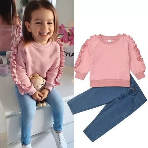 Ropa de moda para niña pequeña, Tops con volantes rosas, camisa, pantalones vaqueros, traje cálido para otoño e invierno, conjunto de 2 uds. _ - AliExpress Mobile Winter Warm Outfits, Long Denim Pants, Ruffle Tops, Warm Outfit, Toddler Girl Outfit, Soft Pants, Top And Pants Set, Warm Outfits