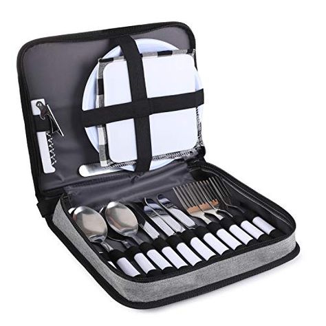 TAIBID Picnic Set Camping Silverware Cutlery Organizer 4 Person Dinnerware Set - 24pcs Eating Utensils Set with ECO-Friendly PS Plate Spoon & Butter Knife Wine Opener Fork Napkin (Grey & Black). For product & price info go to:  https://all4hiking.com/products/taibid-picnic-set-camping-silverware-cutlery-organizer-4-person-dinnerware-set-24pcs-eating-utensils-set-with-eco-friendly-ps-plate-spoon-butter-knife-wine-opener-fork-napkin-grey-black/ Mess Kit Camping, Spoon Butter, Cutlery Organizer, Camping Plates, Camping Cutlery, Camping Utensils, Camping Dishes, Serrated Knife, Mess Kit