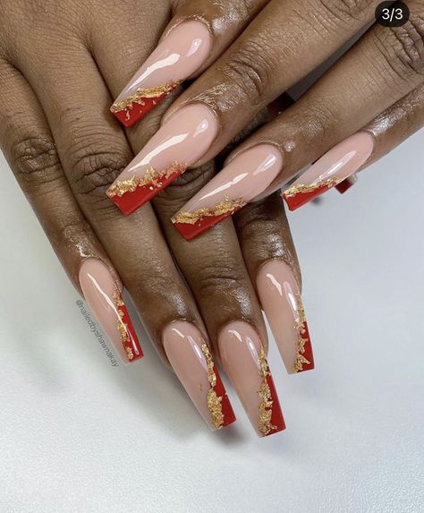 Red Nails Gold French Tip, Perfect Dip Nails, Red French Nails Coffin, Red Black Gold Nails Design, Red And Gold French Tip Nails, Red Green And Gold Nails, Red White And Gold Nails, Fall Gold Nails, Red And Gold Nails Acrylic