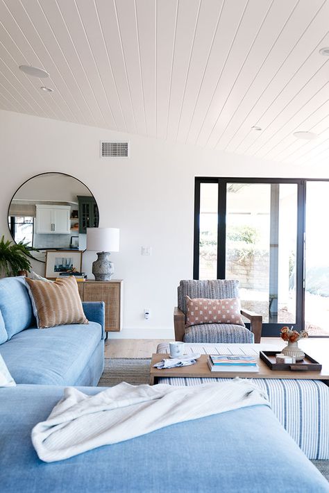 California Modern Farmhouse, Blue Sectional Sofa, Kate Lester Interiors, Farmhouse Beach House, Portugal House, Farmhouse Beach, Blue Sectional, California Modern, Neutral Living Room