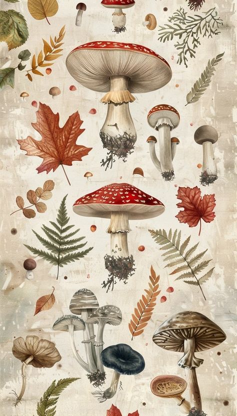 Mushroom Illustration Vintage, Mushroom Poster Vintage, Mushroom Botanical Illustration, Illustrated Mushrooms, Witchy Botanical, Drawn Mushrooms, Vintage Mushroom Art, Mushroom Patterns, Vintage Flower Illustration