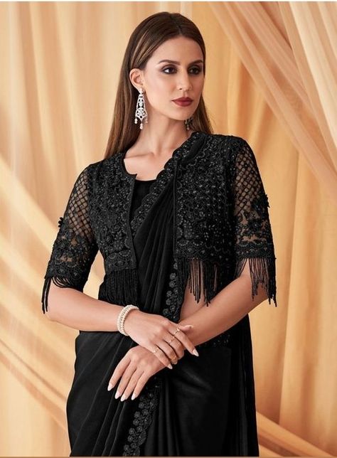 Black pearl work saree cape festival wedding marriage party wear collection Scalloped Saree, Saree With Jacket, Black Designer Saree, Pearl Work Saree, Saree In Black, Wedding Wear Saree, Islamic Fashion Dresses, Saree Party Wear, Pearl Work