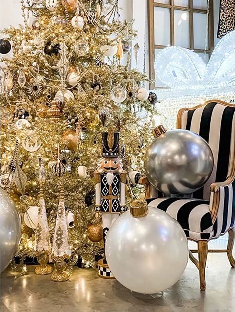 Christmas In Nashville, Silver Gold Christmas, Oversized Ornaments, Holiday Inspo, Outdoor Inflatables, Indoor Design, Outdoor Holiday Decor, Holiday Ornament, Gold Christmas