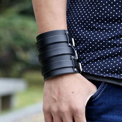 Fastening: Buckle Material: Leather Length: 10.23 inches (26cm) Width: 3.15 inches (8cm) Color: Black Belt Buckles Men's, Leather Wrist Cuff, Mode Retro, Mode Punk, Leather Belt Buckle, Moda Punk, Genuine Leather Bracelet, Wide Cuff Bracelets, Wide Leather Belt