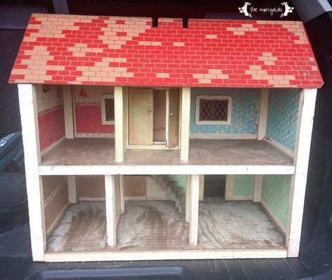 Vintage Doll House Makeover Before | Five Marigolds Doll House Makeover, Vintage Doll House, Dollhouse Vintage, Dollhouse Decorating, Dollhouse Tutorials, Diy Flower Crown, House Restoration, House Makeover, Doll House Plans