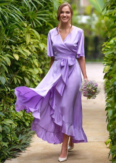 Lilac wrap dress, silk dress, wrap dress, bridesmaid dress, wedding guest dress, women dress, maxi dress, evening dress, long dress Silk Bridesmaid Dresses, Wrap Dress Bridesmaid, Evening Dress Long, Ruffle Wrap Dress, Dress Wedding Guest, Dress Wrap, Dress Silk, Dress Bridesmaid, Guest Dress