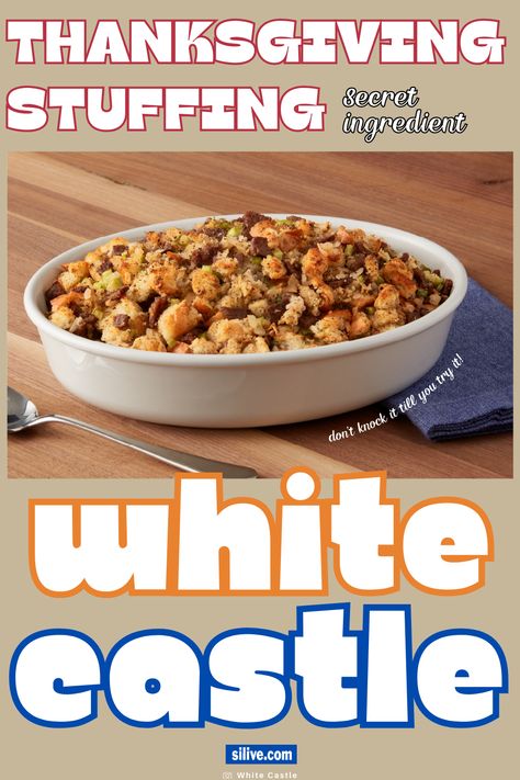 A white dish filled with stuffing made from White Castle sliders. White Castle Stuffing Recipe, White Castle Stuffing, Thanksgiving Stuffing Recipe, White Castle Sliders, Stuffing Recipes For Thanksgiving, Stuffing Ingredients, Thanksgiving Stuffing, White Castle, Thanksgiving Side