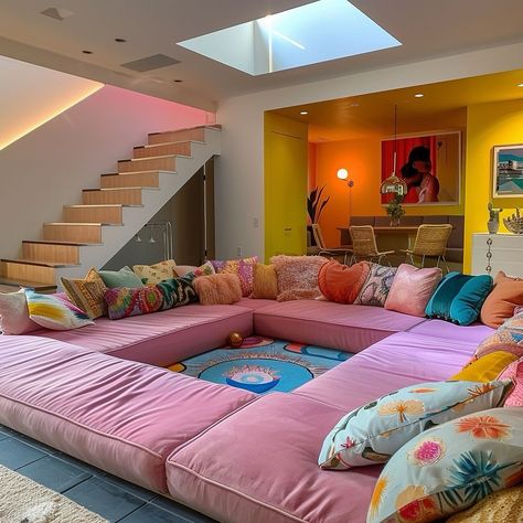 OUR NUMBER ONE POST ON PINTEREST! This vibrant, retro-inspired living space is a modern conversation pit reimagined for today’s lifestyle. The sunken pink sectional, adorned with an array of playful, patterned pillows, creates the perfect spot for lively discussions and intimate gatherings. Overhead, a skylight floods the area with natural light, enhancing the cheerful ambiance and making it an inviting haven for connection. Bold yellow and orange accents in the adjoining dining area, along w... Diy Conversation Pit, Modern Conversation Pit, Funky Living Rooms, Conversation Pit, House Aesthetics, Princess Palace, Sunken Living Room, Aesthetic House, Modern Living Room Ideas