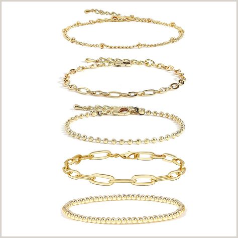 Gold Chain Bracelet Sets for Women Girls 14K Gold Plated Dainty Link Paperclip Bracelets Stake Adjustable Layered Metal Link Bracelet Set Fashion Jewelry. Amazon Gold Bracelets, Trendy Silver Jewelry, Real Gold Chains, Bracelets Adjustable, Stile Hip Hop, Bead Ball, Bracelet Sets, Gold Chain Bracelet, Gold Bracelet Set