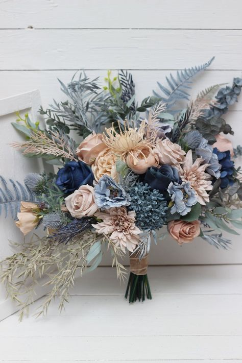 Dusty Blue And Cream Bouquet, Steel Blue Wedding Bouquet, Blue Wedding Theme Bouquet, Bridal Beach Bouquet, Bouquet For Navy Blue Dress, Blue And Tan Flower Arrangements, Boho Wedding Dusty Blue, Shades Of Blue Wedding Bouquet, Formal Bouquet Ideas