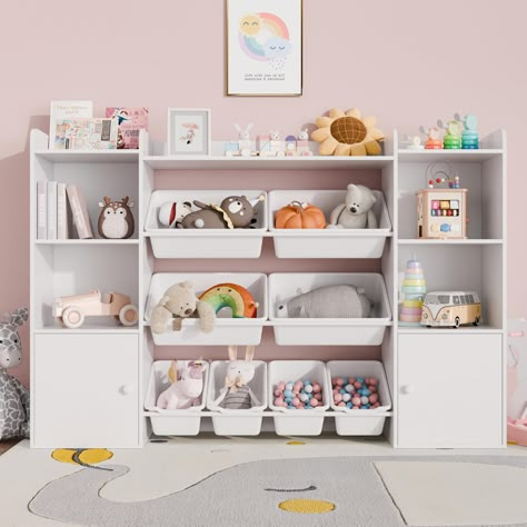 PRICES MAY VARY. Large Storage Capacity - The Xilingol Kids Toy Storage Organizer brings you endless storage possibilities. It features 8 white storage bins in different sizes, including 4 spacious large bins (15.5"L x 7.5"W x 5"D ) and 4 small bins (11.5"L x 7.5"W x 5"D). Additionally, the 4 book shelves allow your child to neatly arrange scattered books. Multi-Functional Storage Solution - Our kids toy organizer is made of sturdy wood and includes 4 open book shelves, 2 storage cabinets, and 8