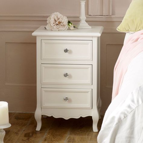 French Themed Bedroom, French Shabby Chic Bedroom, White Bedside Lamps, Shabby French Chic, Designed Bedroom, French Bedside Tables, Shabby Chic Bedroom Furniture, White Dressing Tables, 3 Drawer Bedside Table