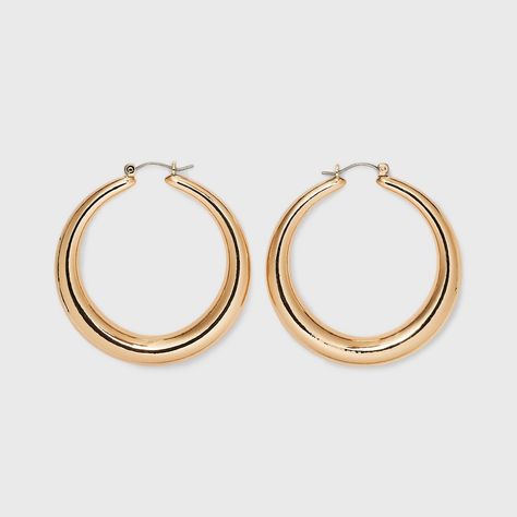 Update your jewelry pieces for any occasion with these Thick Hoop Earrings from A New Day™. These round hoop earrings feature a simple thick profile and a gold-tone metallic finish that pairs effortlessly with your existing jewelry items. These lightweight hoop earrings come with hinge closures for secure and comfortable wear, and are made from nickel-free metal to suit most skin types. A New Day™: Style that goes wherever you do. Gold Hoop Earrings Aesthetic Simple, Earrings Aesthetic Simple, Brrr Basket, Gold Hoop Earrings Aesthetic, Big Gold Hoop Earrings, Hoop Earrings Aesthetic, Little Words Project, Bold Statement Necklaces, Thick Hoop Earrings