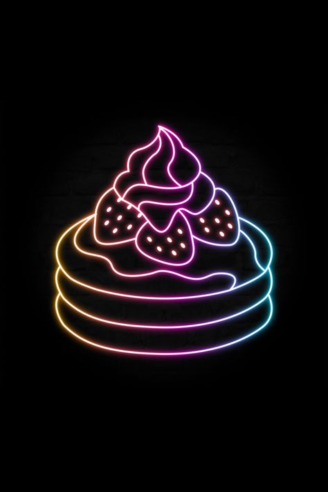 Strawberries And Ice Cream, Neon Strawberry, Pancakes With Strawberries, Strawberry Pancakes, Delicious Pancakes, Game Cafe, Neon Flex, Retro Wave, Retro Neon