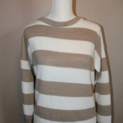 Women's Daytrip Beige and Cream Stripped Crochet Sweater Small Beige And White Striped Sweater Outfit, Striped Sweater Outfit, Bday List, Beige Style, 2024 Vision, Women Sleeve, Beige Sweater, Striped Sweater, Crochet Sweater