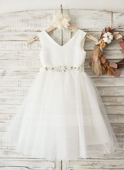 [US$ 67.49] A-Line/Princess Knee-length Flower Girl Dress - Satin/Tulle Sleeveless V-neck With Bow(s)/Rhinestone (010104941) Honk Jr, Flower Girl Dresses Knee Length, Sleeveless Flower Girl Dresses, Girls Tulle Dress, Ivory Flower Girl Dresses, Tulle Flower Girl, Girls Pageant Dresses, Satin Tulle, Wedding Flower Girl Dresses