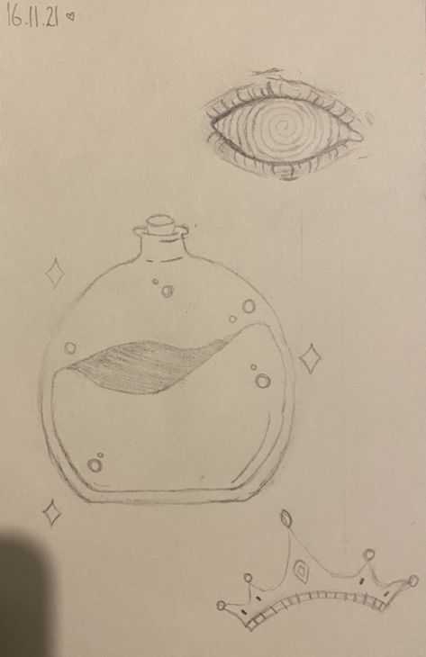 inspo for the potion and crown from @lostbaggageclaim :) - potion, hypnotised eye, crown, sketches, drawings, pencil drawings - i am a beginner artist please be kind<3 Beginner Artist, Cool Art Drawings, Be Kind, Pencil Drawings, Cool Art, Female Sketch, Art Drawings, Pencil, Male Sketch