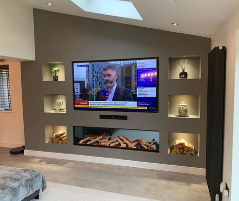 Adam Clay on Instagram: “Pitched roof with a media wall?🔥 Over the moon with this media wall we completed with an @evonicfires e1800 over in Bolton for a lovely…” Media Walls With Fireplace, Media Wall Living Room, Entertainment Wall Ideas, Gas Fireplace Ideas Living Rooms, Feature Fireplace, Fire Wall, Feature Wall Living Room, Fireplace Shelves, Fireplace Tv Wall