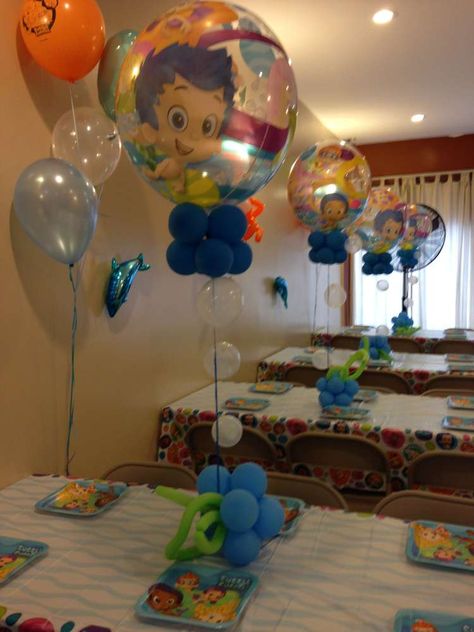 2nd birthday  | CatchMyParty.com Bubble Guppies Centerpieces, Bubble Guppies Themed Birthday Party, 35th Birthday Ideas, Bubble Guppies Birthday Party Ideas, Bubble Guppies Party Ideas, Bubble Guppies Birthday Party, Fruit Birthday Party, Parties Themes, Clue Party