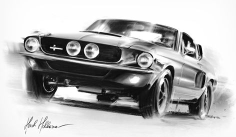 It’s a quick technique, most drawings are done within a few hours, but you can’t erase, undo, or paint on top. One little mistake and the drawing needs to be redone! Muscle Car Tattoo, Mustang Tattoo, Vehicle Drawing, Vintage Muscle Car, Auto Graphics, Gt 500, Mustang Gt500, Shelby Mustang, Best Car Insurance