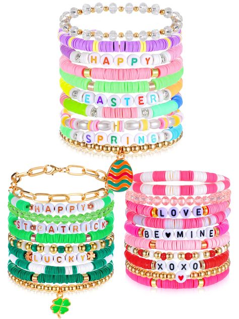 PRICES MAY VARY. Happy Holiday Preppy Bracelets: you will get 30 pieces of preppy beaded bracelets which include 10 pieces of Valentine's Day preppy heishi bracelets, 10 pieces of St. Patrick's day heishi surfer bracelets and 10 pieces of Easter preppy stretch bracelets; They are suitable for different ages ladies such as women, teens and girls Stylish Festival Design: these preppy surfer bracelets are designed with many festive elements to match with the corresponding festival; The Valentine's Preppy Easter, Heishi Bracelets, Preppy Bracelets, Holiday Bracelets, Bracelets Ideas, Green Clover, Spring Bracelet, Surfer Bracelets, Bracelets Set