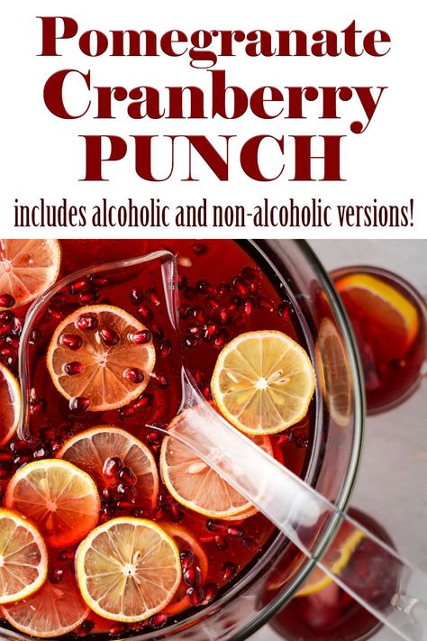 A super easy and festive party punch that’s perfectly tart and a bit sweet. Can be made alcoholic or non-alcoholic! #cranberry #cranberryjuice #pomegranate #punch #drinks Sparkling Cranberry Punch, Holiday Potluck Recipes, Sparkling Punch, Easy Party Punch, Cranberry Punch, Alcoholic Punch, Cranberry Juice Cocktail, Cocktail Party Food, Homemade Soda