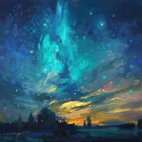 Night Sky Abstract Painting, Celestial Oil Painting, Milky Way Paintings, Galaxy Painting Oil Paint, Oil Painting Landscape Impressionism, Aurora Oil Painting, Oil Painting Galaxy, Space Oil Painting, Oil Pastel Night Sky