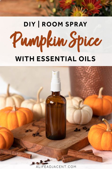 Pumpkin Spice Room Spray with Essential Oils. Bring the sweet and spicy scent of fall into any room of the house with this DIY pumpkin spice room spray! This easy recipe is made with vodka and natural essential oils for a long-lasting scent that’s completely non-toxic. #essentialoils #alifeadjacent #pumpkinspice Room Spray With Essential Oils, Homemade Room Spray, Solid Perfume Recipes, Room Spray Recipe, Coffee Essential Oil, Diy Room Spray, Diy Pumpkin Spice, Cinnamon Bark Essential Oil, Fall Essential Oils