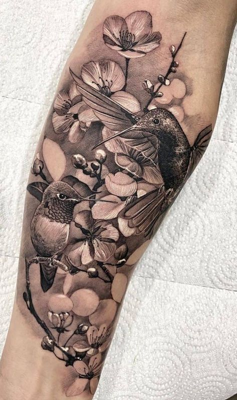 Hummingbird Tattoo Meaning, Hummingbird Flower Tattoos, Coverup Ideas, Bird Tattoo Sleeves, Tatuaje Cover Up, Hummingbird Tattoos, Black Sleeve Tattoo, Realistic Flower Tattoo, Forearm Tattoo Women