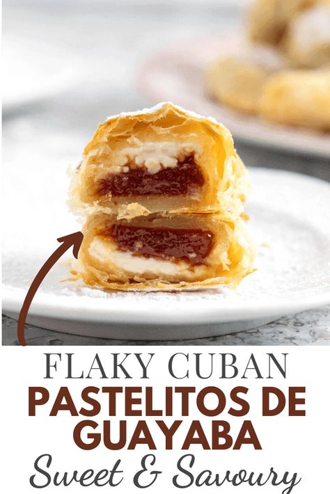 The Cuban Pastelitos De Guayaba or guava pastries are a traditional sweet guava paste with some cream cheese wrapped in buttery puff pastry. #cubanfood #guava #cubanpastry #creemcheese Cuban Pastelitos, Guava Pastries, Guava Pastry, Latino Recipes, Guava And Cream Cheese, Guava Paste, Cheese Pastry, Scrumptious Food, Food Inspired