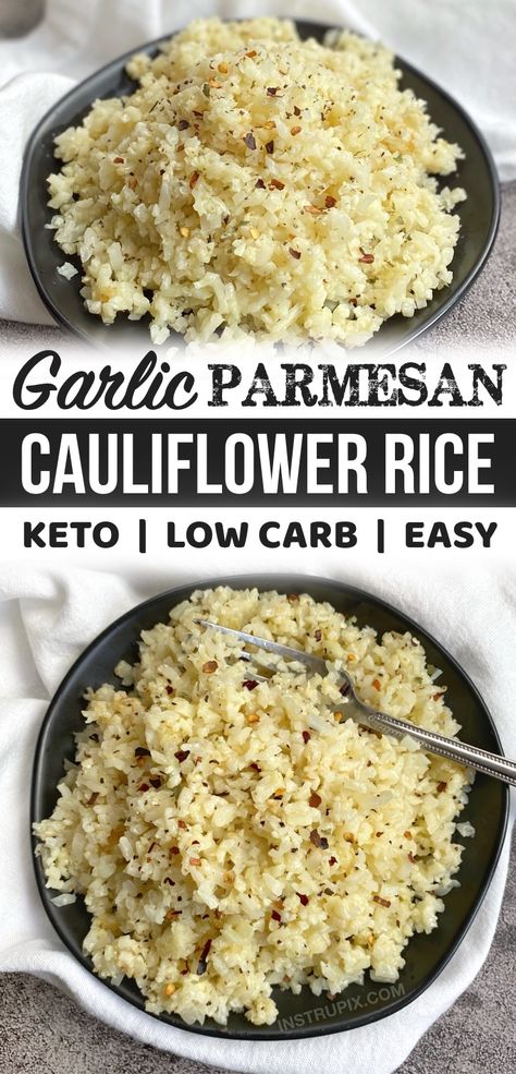 Garlic Parmesan Cauliflower Rice (Keto & Low Carb) Parmesan Cauliflower Rice, Garlic Parmesan Cauliflower, Frozen Cauliflower, Parmesan Cauliflower, Frozen Cauliflower Rice, Cauliflower Rice Recipes, Low Carb Sides, Low Carb Side Dishes, Keto Side Dishes