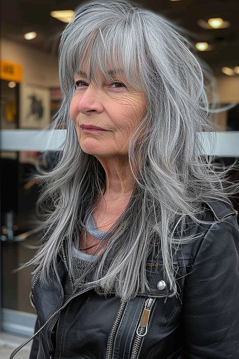 Best Haircuts with Bangs for Older Women Grey Hair Curtain Bangs, Grey Hair With Bangs Over 50, Bangs For Older Women With Long Hair And Glasses, Long Silver Hair Older Women, Silver Hair Bangs, Grey Shag Hairstyles, Grey Hair Fringe, Silver Hair With Bangs, Bangs For Older Women With Long Hair