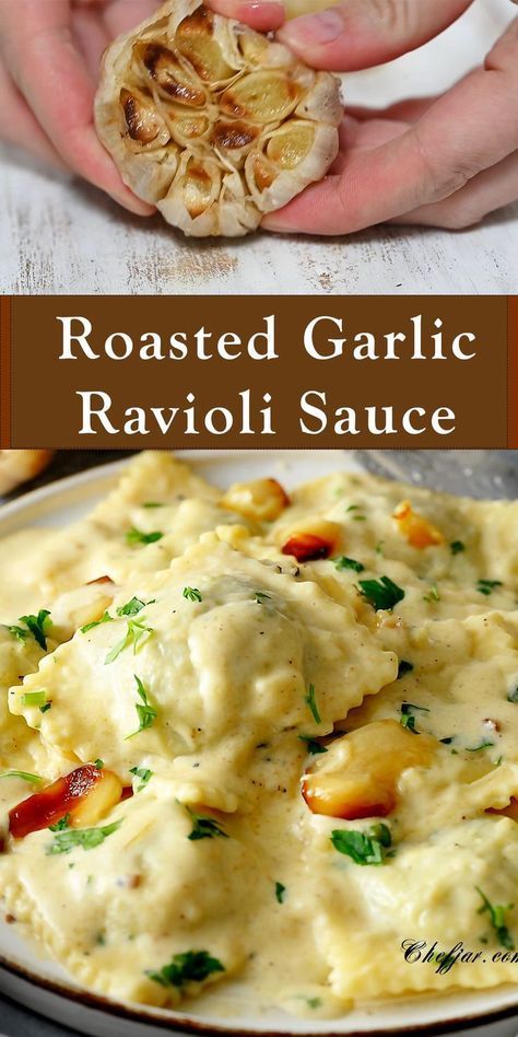 Take your ravioli to the next level with this Roasted Garlic Cream Sauce! This easy-to-make sauce is the perfect accompaniment to your favorite ravioli and will add a rich, flavorful twist to your meal. Meals With Onions, Small Portion Meal Recipes, Homemade Ravioli Sauce Recipe, Rana Chicken And Roasted Garlic Ravioli, Chicken Mozzarella Ravioli Sauce, Stuffed Ravioli Recipes Sauces, Roasted Garlic Recipes Dinners, Gravies And Sauces, Ravioli Recipe Videos