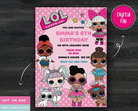 Lol Birthday Party Invitations, Lol Surprise Birthday Invitation, Lol Surprise Birthday, Surprise Party Invitations, Surprise Birthday Invitations, Lol Doll, Doll Party, Birthday Party Invitation Templates, Character Graphic