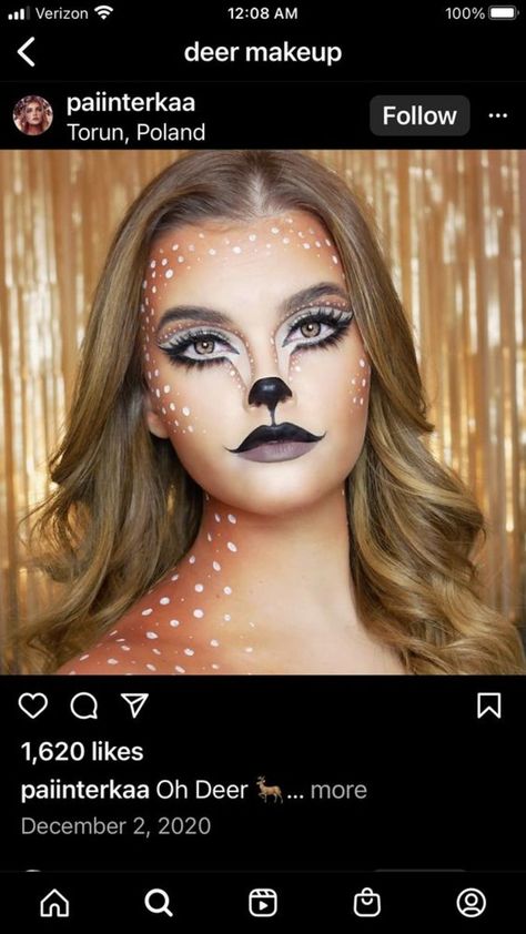 Fawn Makeup Deer, Deer Costume Makeup, Halloween Makeup Ideas For Women, Reindeer Makeup, Fawn Costume, Girl Halloween Makeup, Fair Costume, Cat Halloween Makeup, Fox Makeup