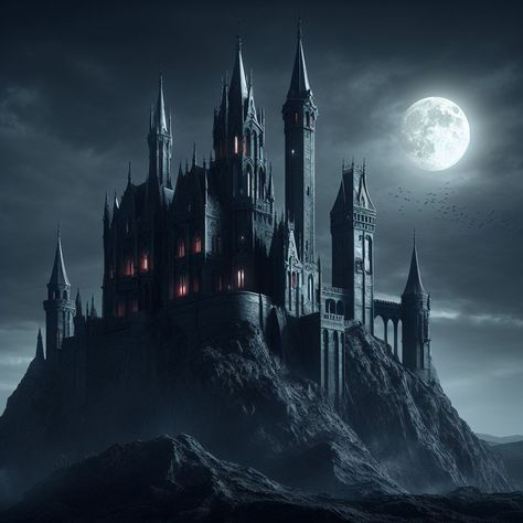 Dark castle at night Black Palace Aesthetic, Castle At Night Aesthetic, Dark Astethic House, Black Castle Aesthetic, Fantasy Castle Aesthetic Dark, Fantasy Castle Dark, Dark Kingdom Aesthetic, Art Astethic, Dark Gothic Castle