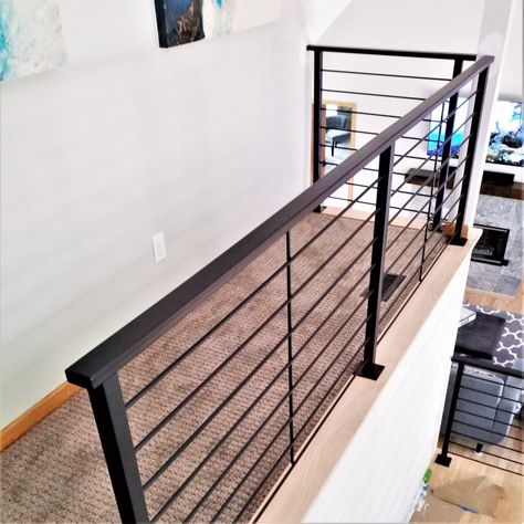 Black Metal Railing, Metal Handrails For Stairs, Horizontal Railing, Indoor Stair Railing, Black Stair Railing, Stair Railing Kits, Black Railing, Loft Railing, Indoor Railing