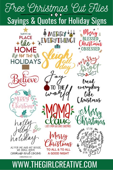 FREE Christmas SVG Cut Files for Silhouette and Cricut | There's No Place Like Home for the Holidays SVG | Merry & Bright FREE SVG Holiday Sayings For Signs, Christmas Signs And Sayings, Sayings For Signs, Christmas Quotes Printable, Free Svg Fonts, Christmas Quotes And Sayings, Christmas Fonts Alphabet, Free Christmas Svg, Fun Lettering