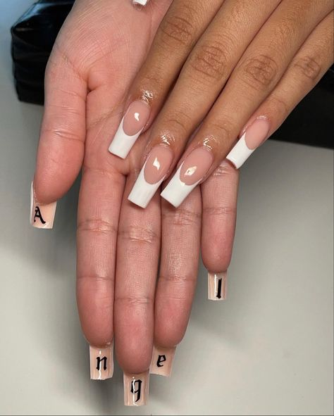 Nails With Initials, White Acrylic Nails, Cute Acrylic Nail Designs, French Tip Acrylic Nails, Unique Acrylic Nails, Long Square Acrylic Nails, Acrylic Nails Coffin Short, Nagel Inspo, Pink Acrylic Nails