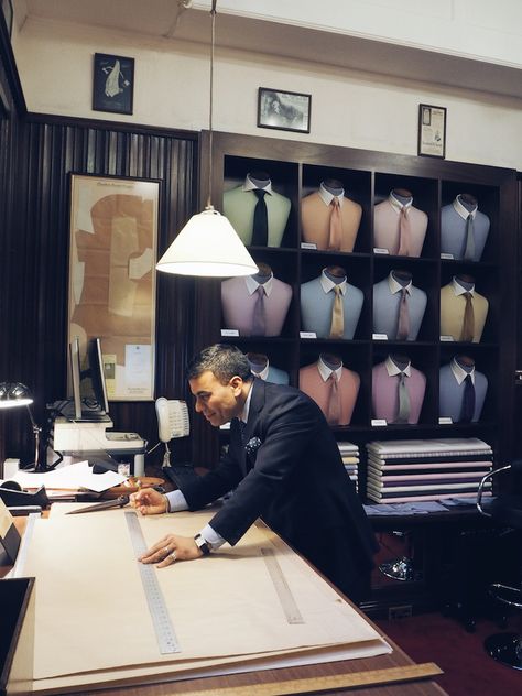 Tailor Shop Interior, Tailoring Shop Interior Design, Collar Shapes, Bespoke Shirts, Suit Stores, Clothing Store Interior, Clothing Store Design, Visual Merchandising Displays, Tailored Clothes