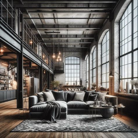 Explore an industrial loft with contemporary elegance. High ceilings, exposed brick, and large factory windows bring a raw yet refined aesthetic to this setting. Soft furnishings like a luxurious velvet sofa and patterned rugs balance the rugged industrial elements with modern comfort. The muted color palette, featuring charcoal, slate, and warm wood tones, adds depth, while statement lighting elevates the space into a functional, stylish retreat. Perfect for urban living, this setting offers... Factory Windows, Industrial Loft Design, Two Sided Fireplace, Patterned Rugs, Industrial Contemporary, French Industrial, Refined Aesthetic, Industrial Architecture, Muted Color Palette