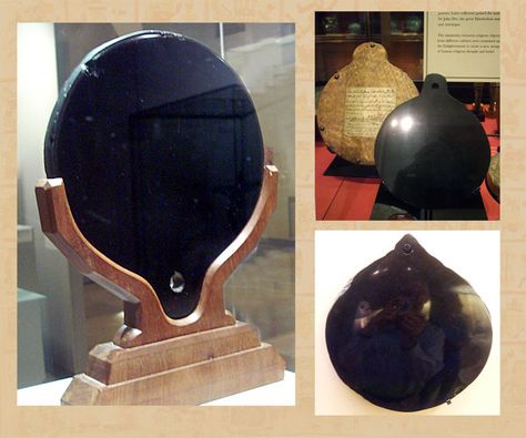 Pic 3: Aztec obsidian mirrors in European museums: in modern wooden frame, Museo de América, Madrid (L), British Museum (including Dr. John Dee’s, top) (R) Ollin Aztec Eye Meaning, Obsidian Mirror Aztec, Aztec Altar, Mystic Art Mirrors, Obsidian Mirror, Aztec Mud Mask, Ancient Mexico, Smoked Mirror, Human Bones