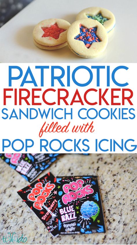 Patriotic Star Cutout Sandwich Cookies Filled with Pop Rocks Candies | Tikkido.com Pop Rock Desserts, Edible Fireworks, Pop Rock Cookies, Fourth Of July Star Cookies, Patriotic Sugar Cookie Pizza, 4th Of July M&m Cookies, Firecracker Cookies Decorated, 4th Of July Monster Cookies, Sandwich Cookies Filling