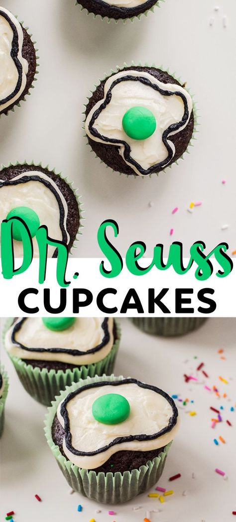 Dr. Seuss Cupcakes - These Dr. Seuss Cupcakes are a great recipe to make for a kid's party or with your child. What better way to celebrate Dr. Seuss's birthday on March 2nd than with a chocolate cupcake topped with green eggs made out of frosting?! #cookiedoughandovenmitt #cupcakes #dessertrecipe #easydessert #drseuss Cupcakes For Kids Birthday, Dr Seuss Cupcakes, Seuss Cupcakes, Cupcake Frosting Tips, Cupcakes For Kids, Ideas For Cupcakes, Dr Seuss Cake, Cupcake Frosting Recipes, Cupcake Decorating Party