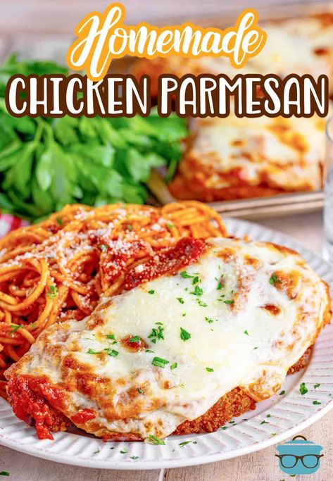 Enjoy a restaurant quality dinner with this incredibly flavorful Homemade Chicken Parmesan. The from-scratch sauce really sends this dish up a level! Crispy Chicken Parmesan Recipe, Homemade Chicken Parmesan, Fried Breaded Chicken, Chicken Parmigiana, Country Cook, Baked Chicken Parmesan, The Country Cook, Party Dishes, Country Cooking